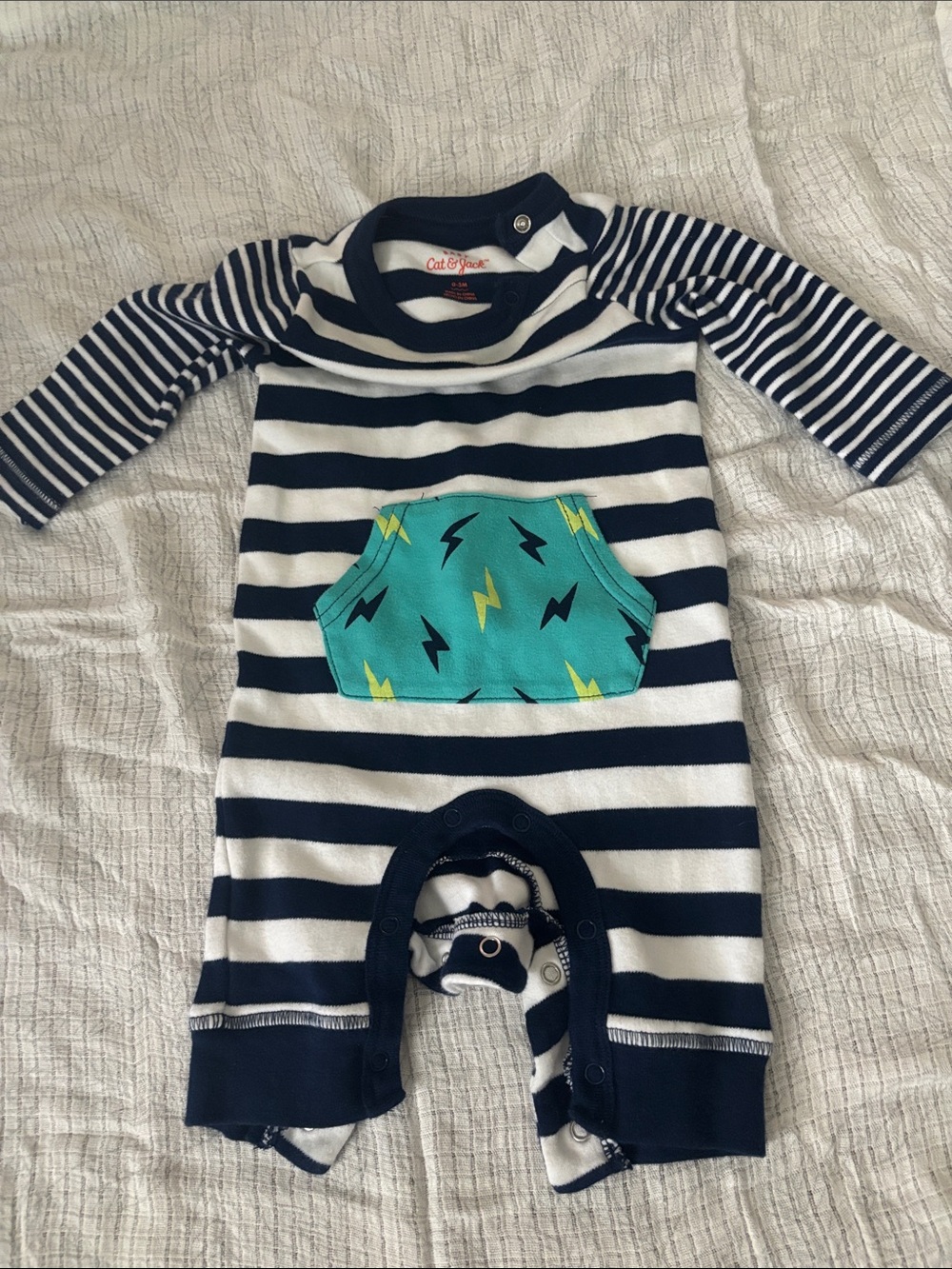Cat & Jack Navy and White Striped One-Piece with Teal Pocket